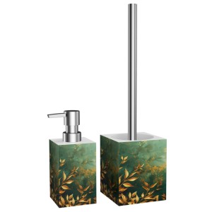 SANILO Bad Set Greego: Seifenspender und WC-Bürste mit grün-goldenem Blätterdekor.