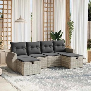 Hellgraue 6-tlg. Garten-Sofagarnitur aus Polyrattan mit grauen Kissen. Gartenmöbel für Terrasse und Garten.