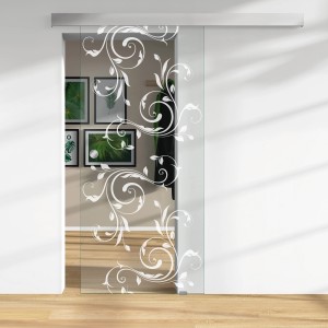 Glasschiebetür mit weißem Siebdruck-Dekor (Blumenmuster).