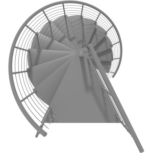 Graue Minka Spindeltreppe Milano, spiralförmig von oben. Metalltreppe für Innenräume, Durchmesser 120 cm.