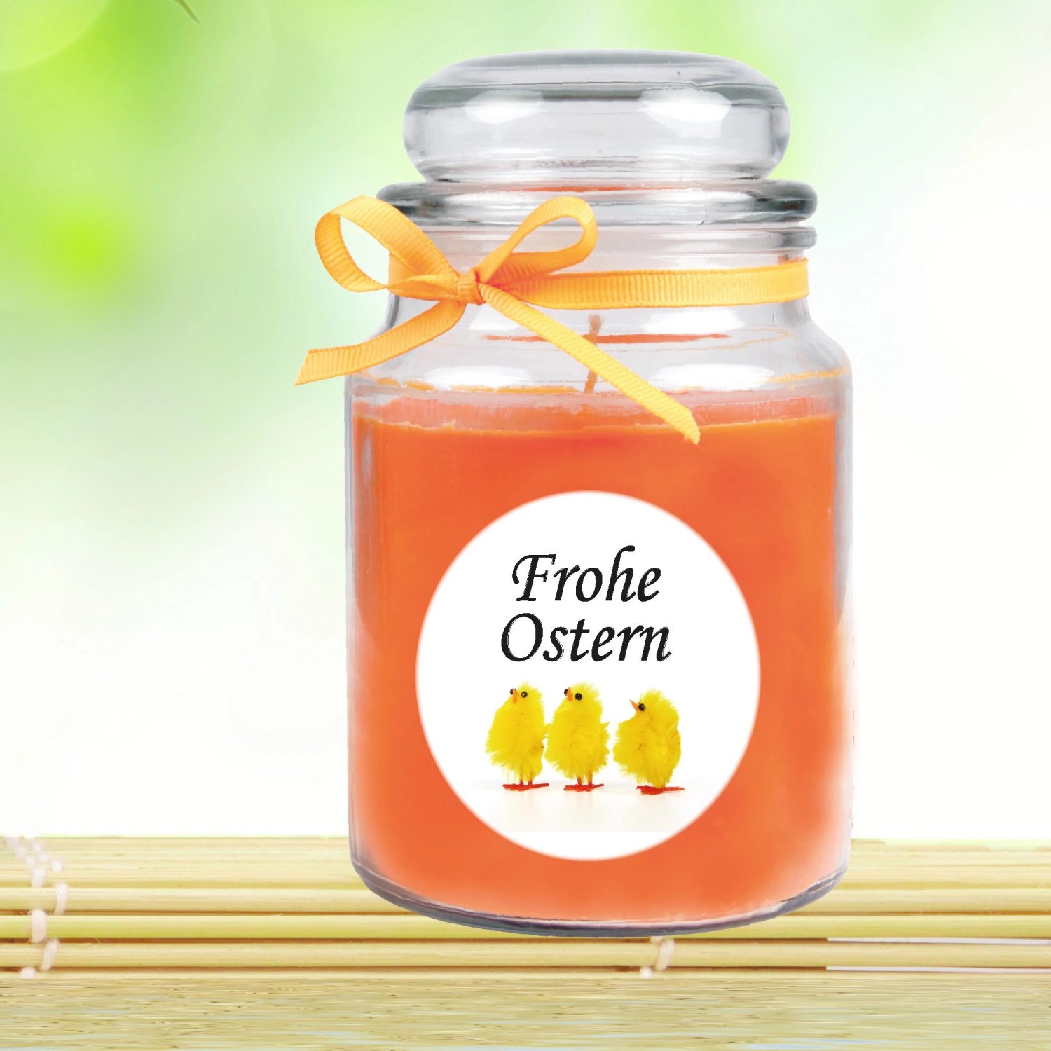 Duftkerze Frohe Ostern im Glas mit Küken-Motiv und Honigmelonen-Duft.