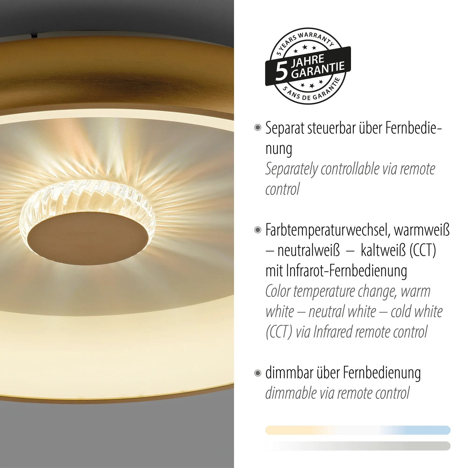 LED-Deckenleuchte Vertigo in Messing-Optik, dimmbar und mit Kristalleffekt.