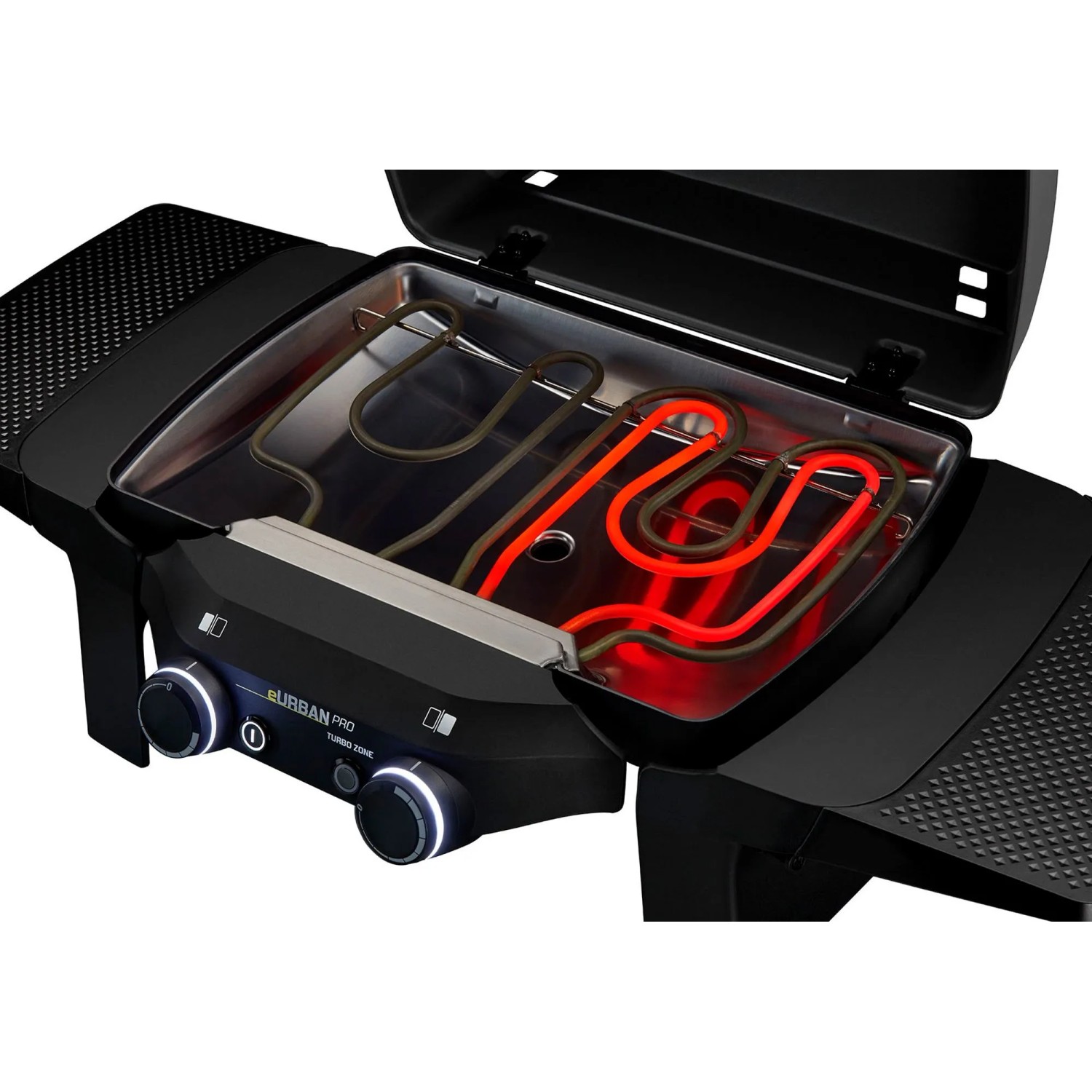 Enders Elektrogrill eUrban Pro 2 Turbo Mobil mit geöffnetem Deckel und beleuchteten Bedienelementen.