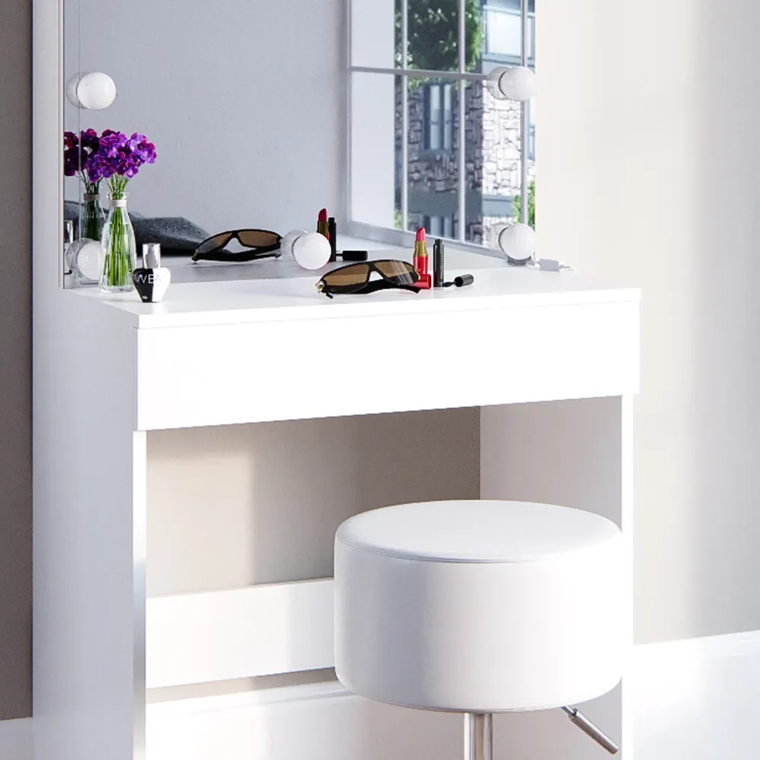 Weißer Vicco Schminktisch Melle (68 cm) mit LED und Hocker. Ideal für Make-up und Styling.