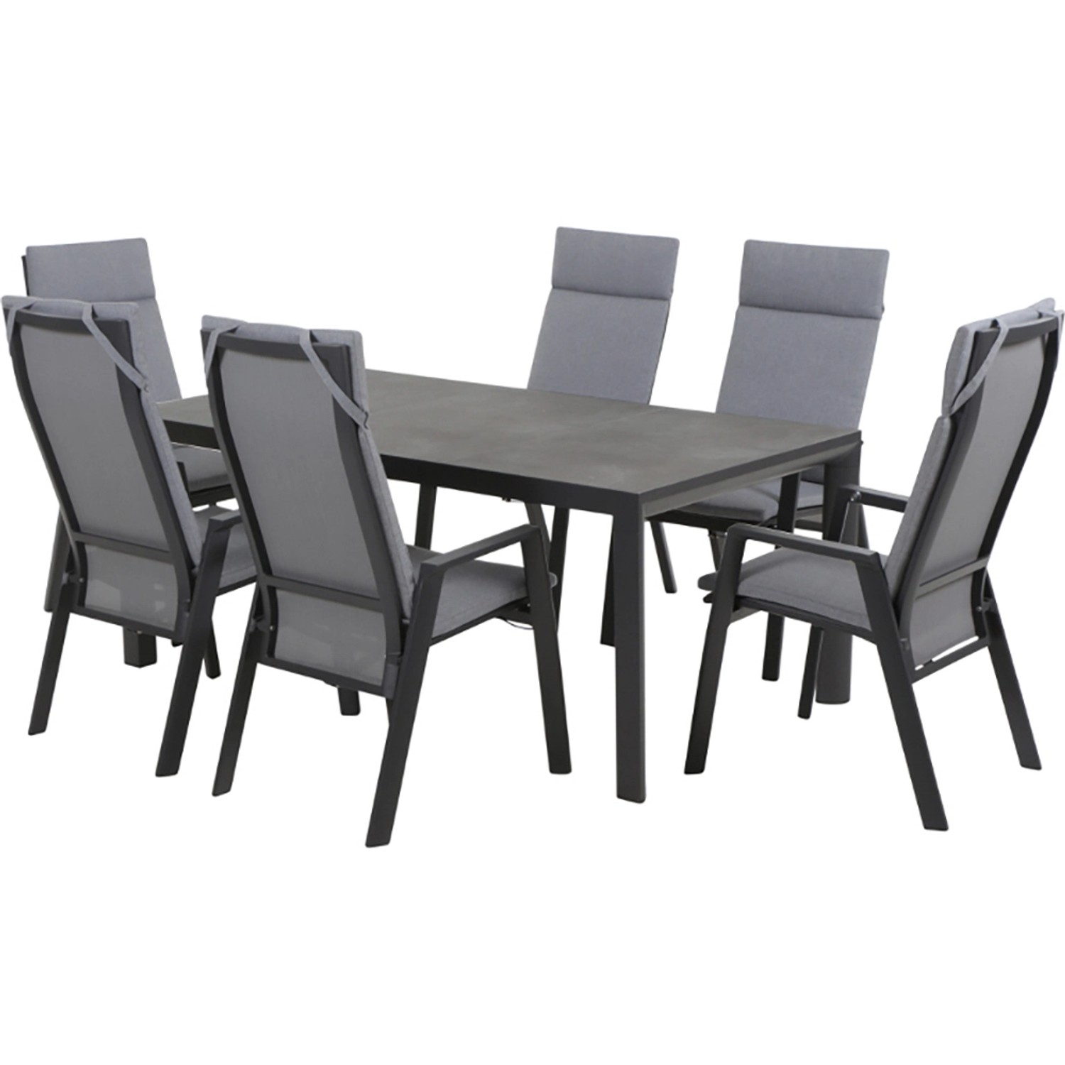 Siena Garden Valencia Dining Set mit 6 anthrazitfarbenen Gartenstühlen und Tisch.