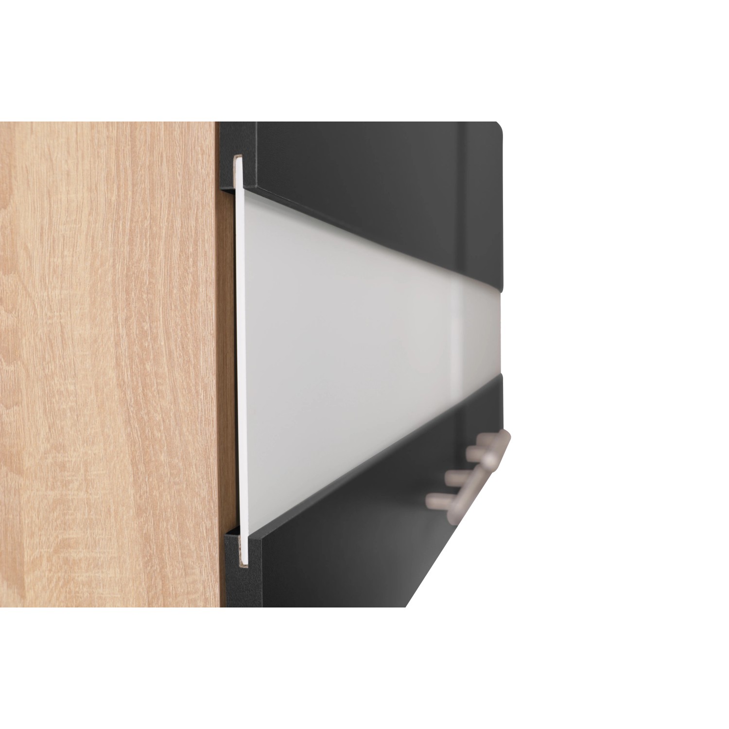 Respekta Oberschrank Merle, 100 cm, Schwarz mit Glaseinlagen und Metallgriffen.