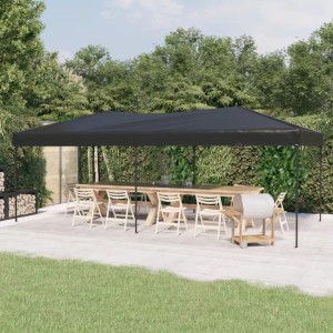 Anthrazitfarbenes vidaXL Falt-Partyzelt 3x6 m im Garten mit Tisch und Stühlen.