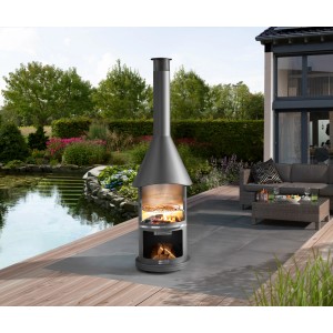 Buschbeck Edelstahlgrill Auckland Dunkelgrau mit Grillrost im Garten.