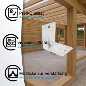 SOTECH Winkelverbinder 90 Grad aus verzinktem Stahl mit Sicke, viele Bohrungen. Robust für Holzkonstruktionen.