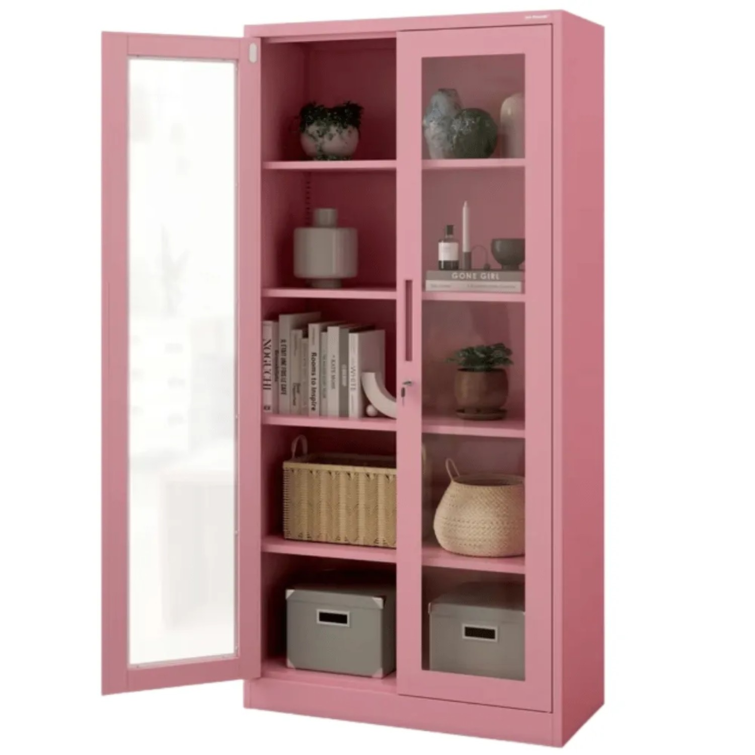 DELUKE Vitrinenschrank Abschließbar ELLO mit Glastüren 185 x 90 x 40 cm Rosa