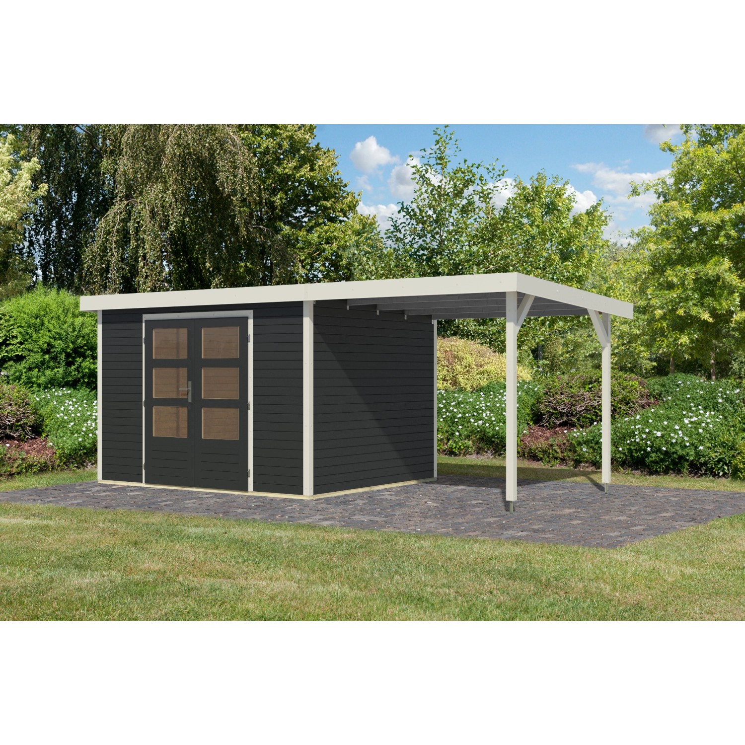 Karibu Gartenhaus Ernesto 5 C m. Anbaudach Anthrazit/Weiß 209 x 298 x 242 c günstig online kaufen