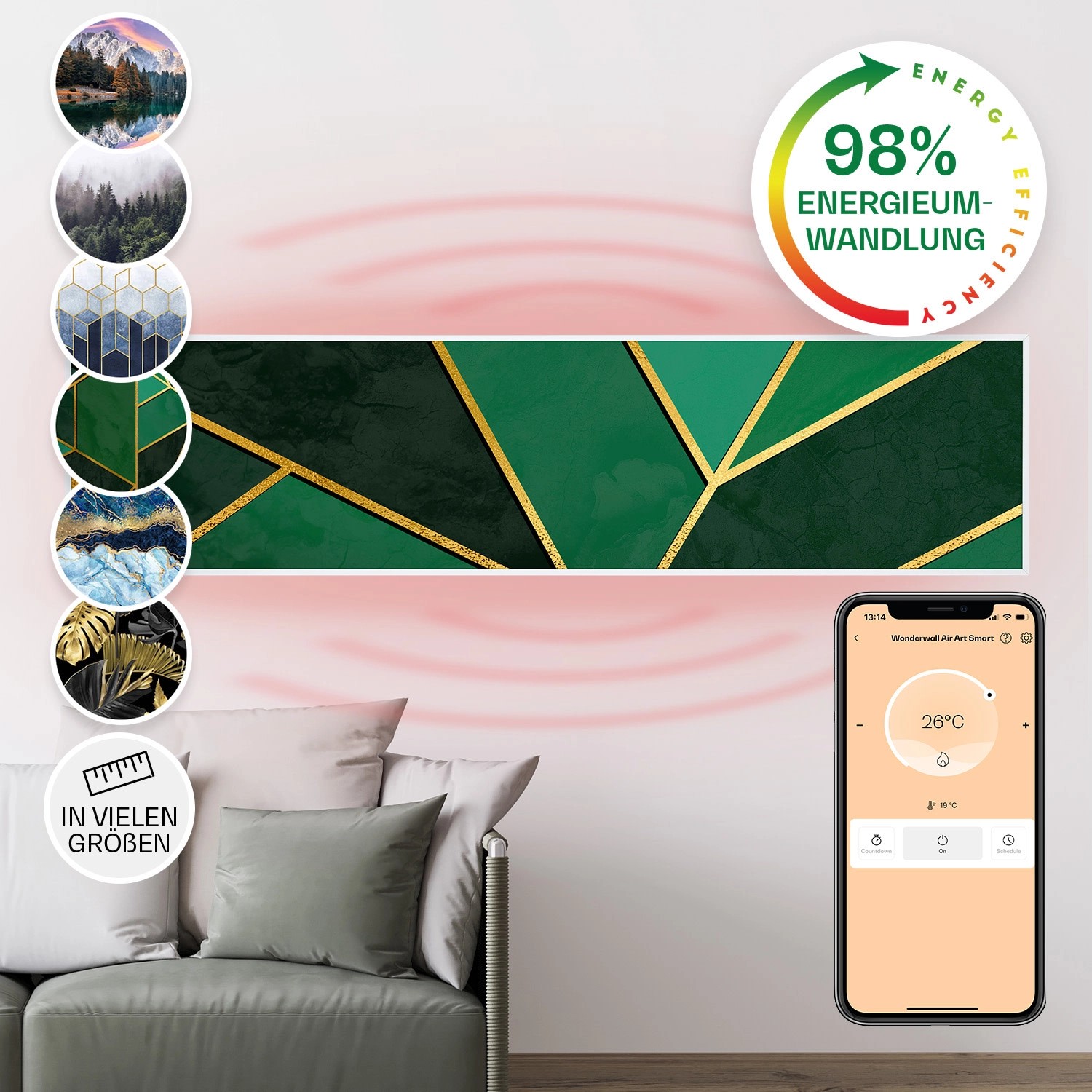 Klarstein Wonderwall Air Art Smart Infrarotheizung Wandinstallation App-Steuerung Motiv Grüne Linie 120x30 cm 350 W Weiß