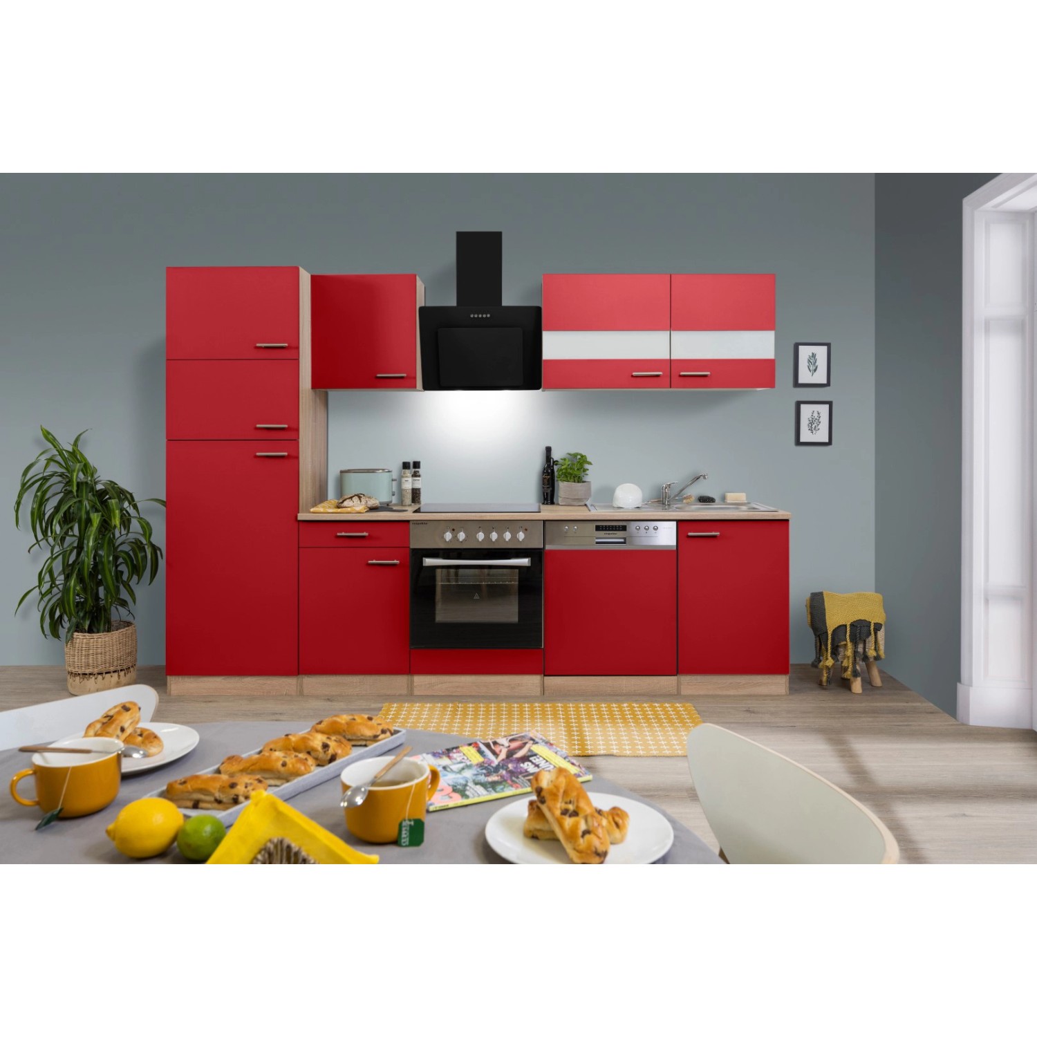 Respekta Küchenzeile/Küchenblock KB280ESRCGKE 280 cm Rot-Eiche Sägerau Nachbildung