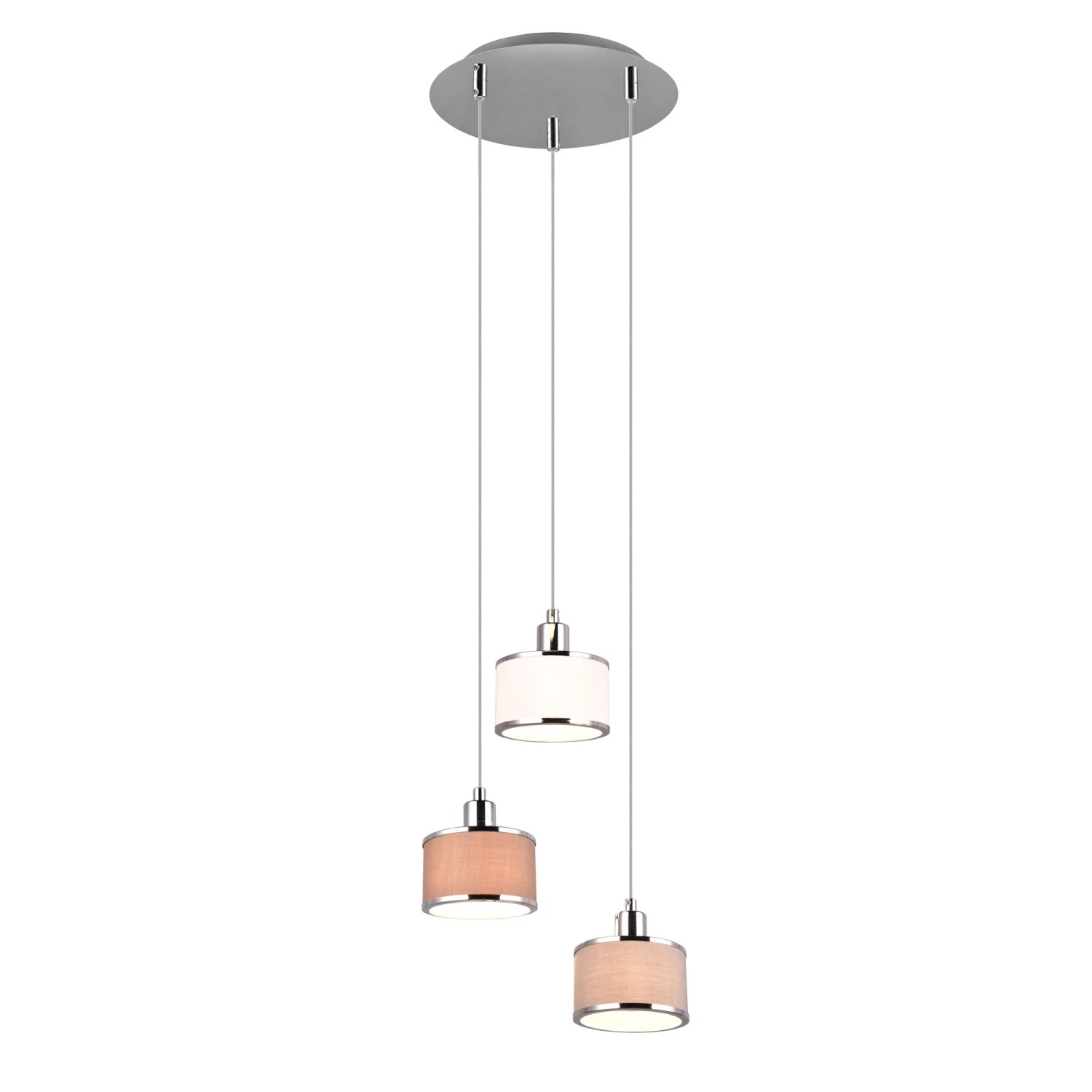 Moderne Trio Pendelleuchte Kaprun Chrom mit drei grau-weißen Stoffschirmen.