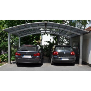 Ximax Carport Portoforte-60 M Edelstahl-Look mit zwei parkenden Autos.