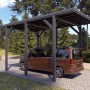 Holzbrüder Camping-Carport Ralf, anthrazitgrau mit Blechdach und Wohnmobil.