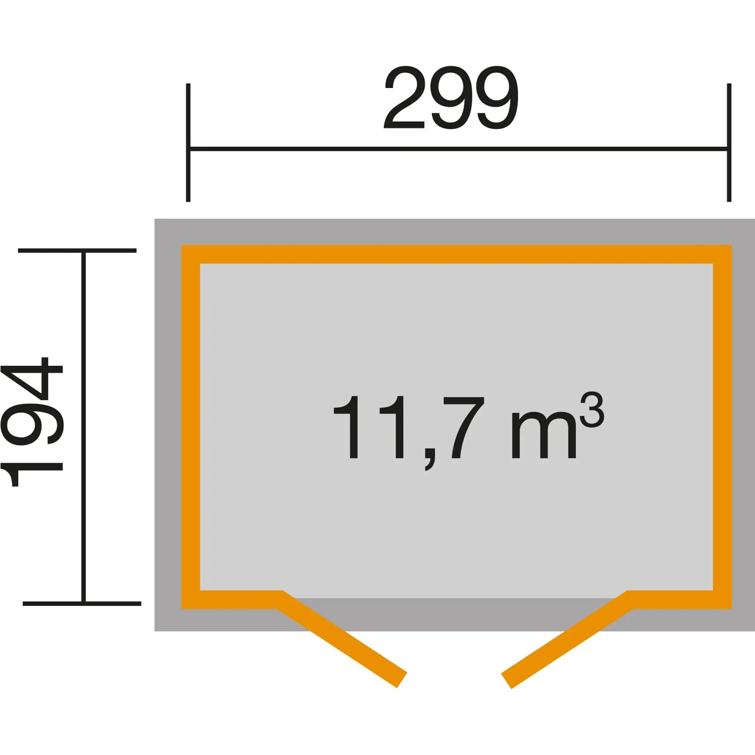 Grundriss Weka Holz-Gartenhaus Flachdach, 299x237 cm, unbehandelt, mit Maßangaben.