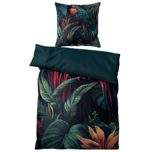 2-teilige SANILO Bettwäsche Exotic mit tropischem Pflanzen- und Papageienmuster.