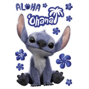 Disney Lilo & Stitch Wandtattoo Set mit Stitch, Aloha Schriftzug und blauen Blumen.