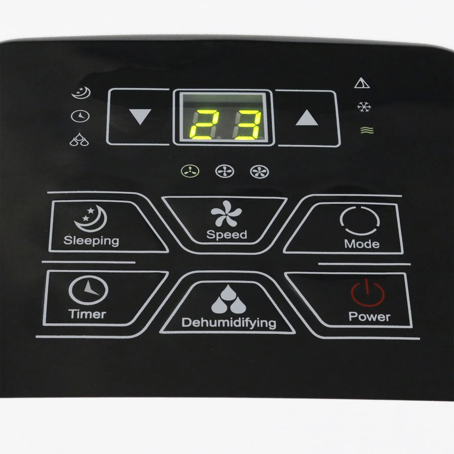 Bedienfeld der Emerio Klimaanlage 9000 BTU mit Display und Funktionsknöpfen.