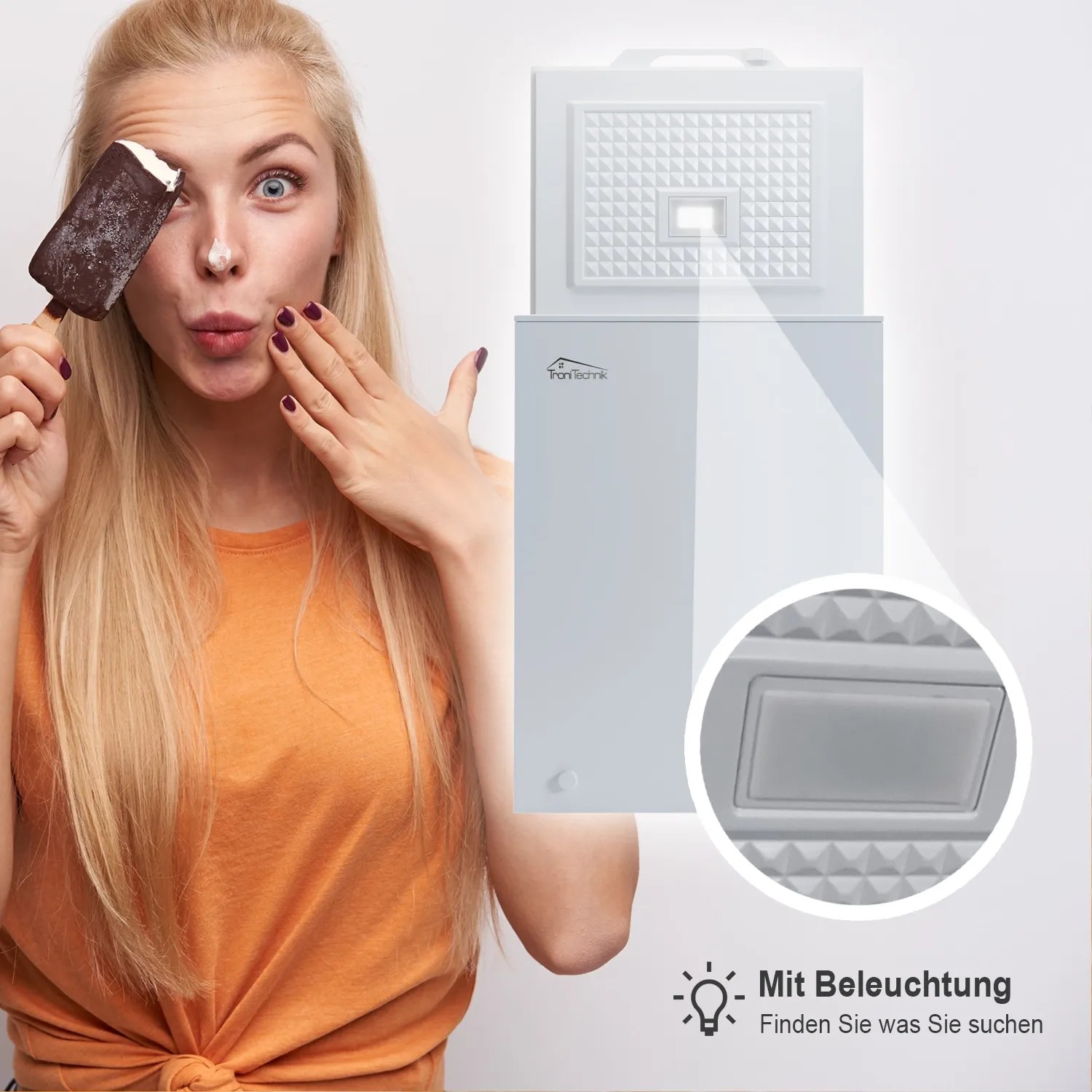 Tronitechnik Gefriertruhe Borgar Pro mit LED-Licht und Frau mit Eis