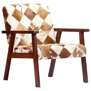 Weiß-brauner vidaXL Sessel aus Ziegenleder im Kuhfell-Design, Akazienholz-Gestell.