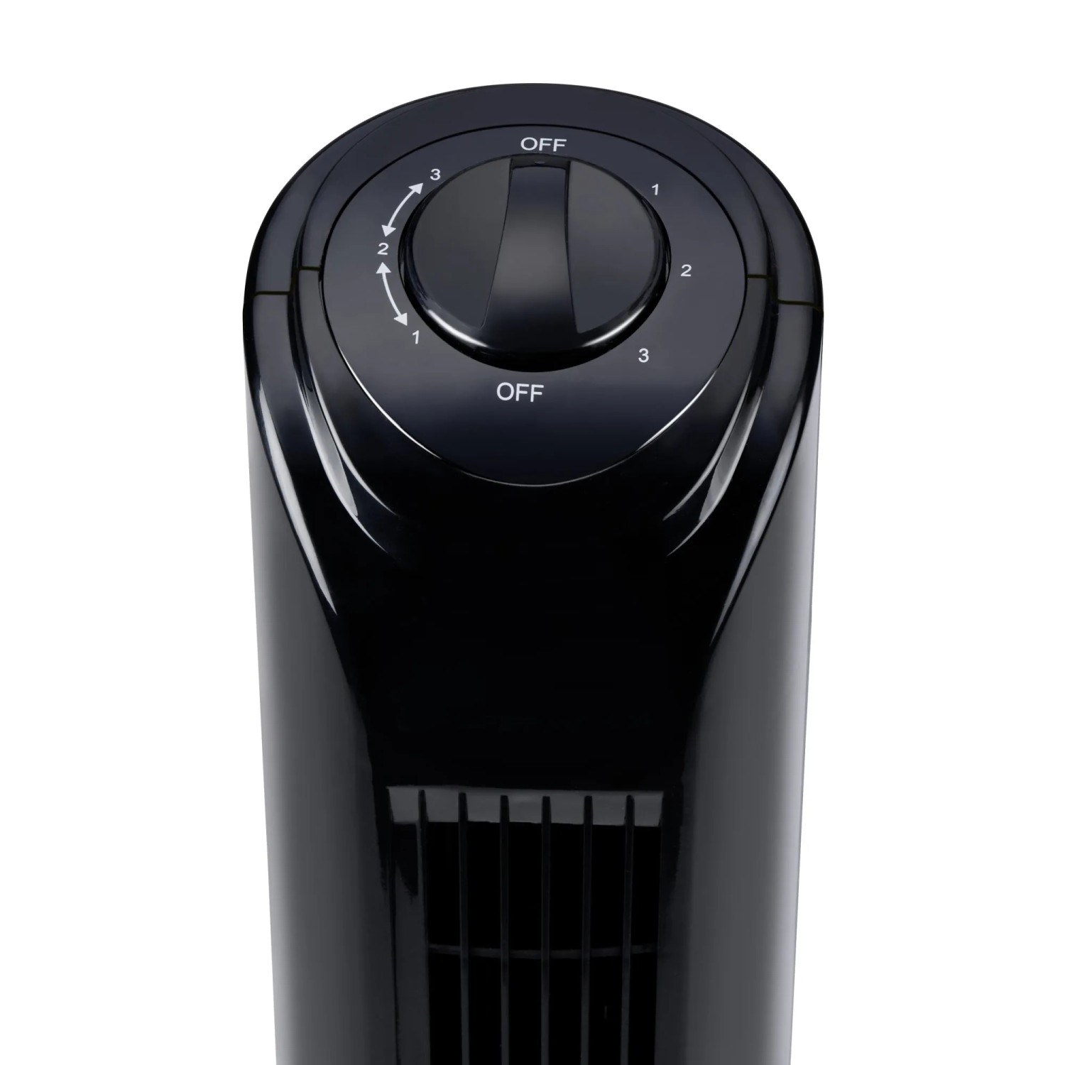 Detailaufnahme: Schwarzer Turmventilator (81 cm) mit Bedienfeld für 3 Geschwindigkeiten.