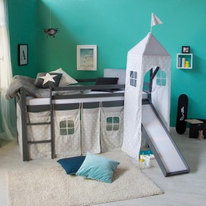 Graues Homestyle4u Kinderhochbett mit Rutsche, Turm und Vorhang mit Sternenmuster. Abenteuerbett 90x200 cm.