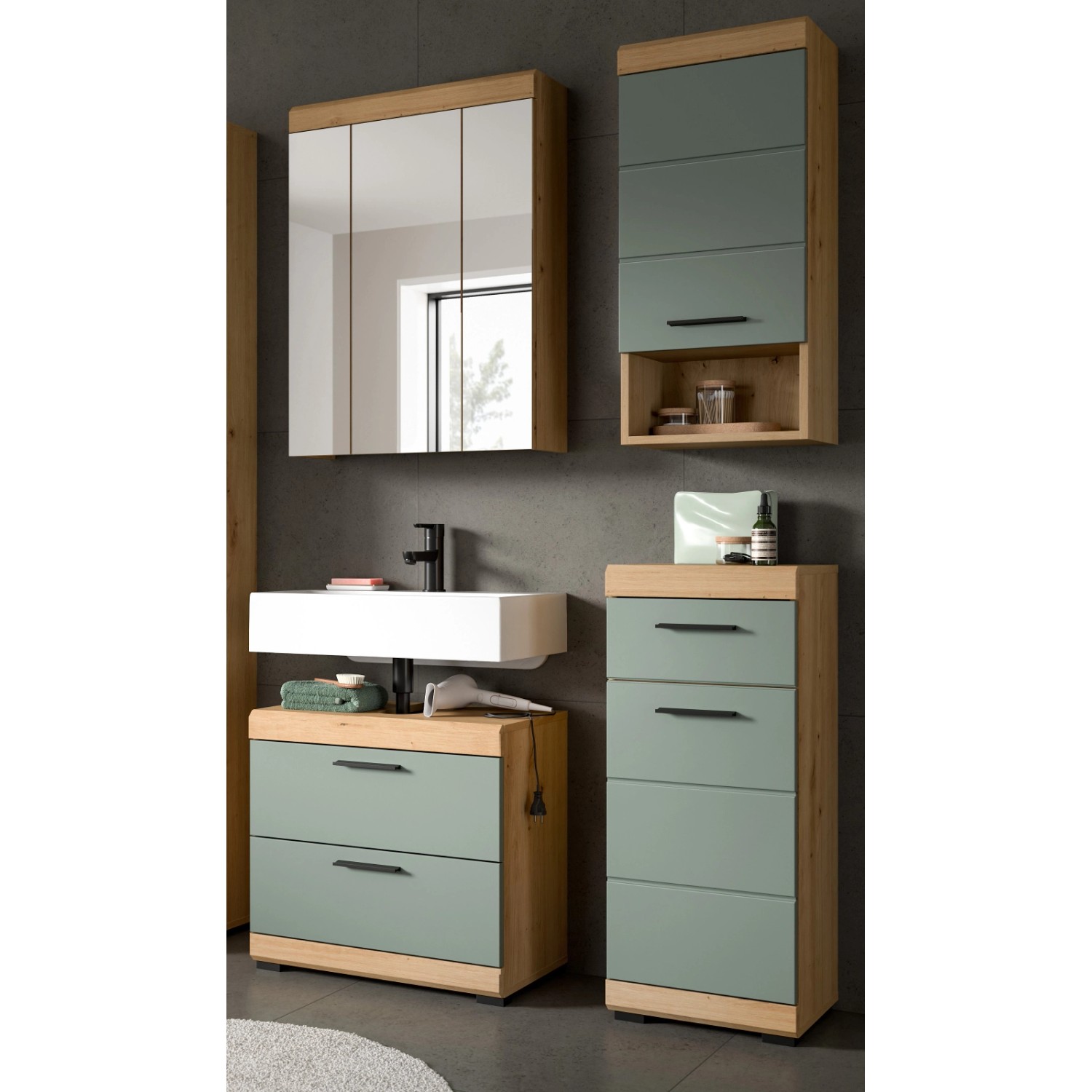 Inn.Furn Badmöbel Set in Grün und Eiche 4-teilig 112 cm Shawn günstig online kaufen