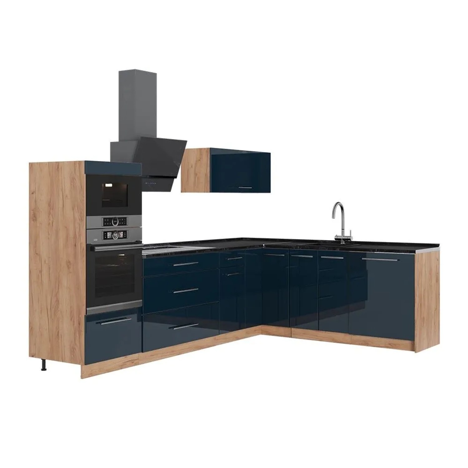 Vicco Eckküche Fame-Line Dunkelblau Hochglanz/Goldkraft Eiche 287 x 154 AP Anthrazit Art Nr 65711