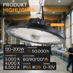ENOVALITE LED HighBay UFO 120-200W 3000-6500K Warm- Kaltweiß Hallenstrahler Dimmbar Verstellbarer Abstrahlwinkel Schwarz