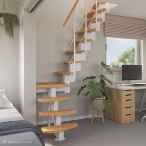 Raumspartreppe Quadro, Buche natur, Polar-Weiß, 12 Stufen. Mittelholmtreppe mit einseitigem Geländer.