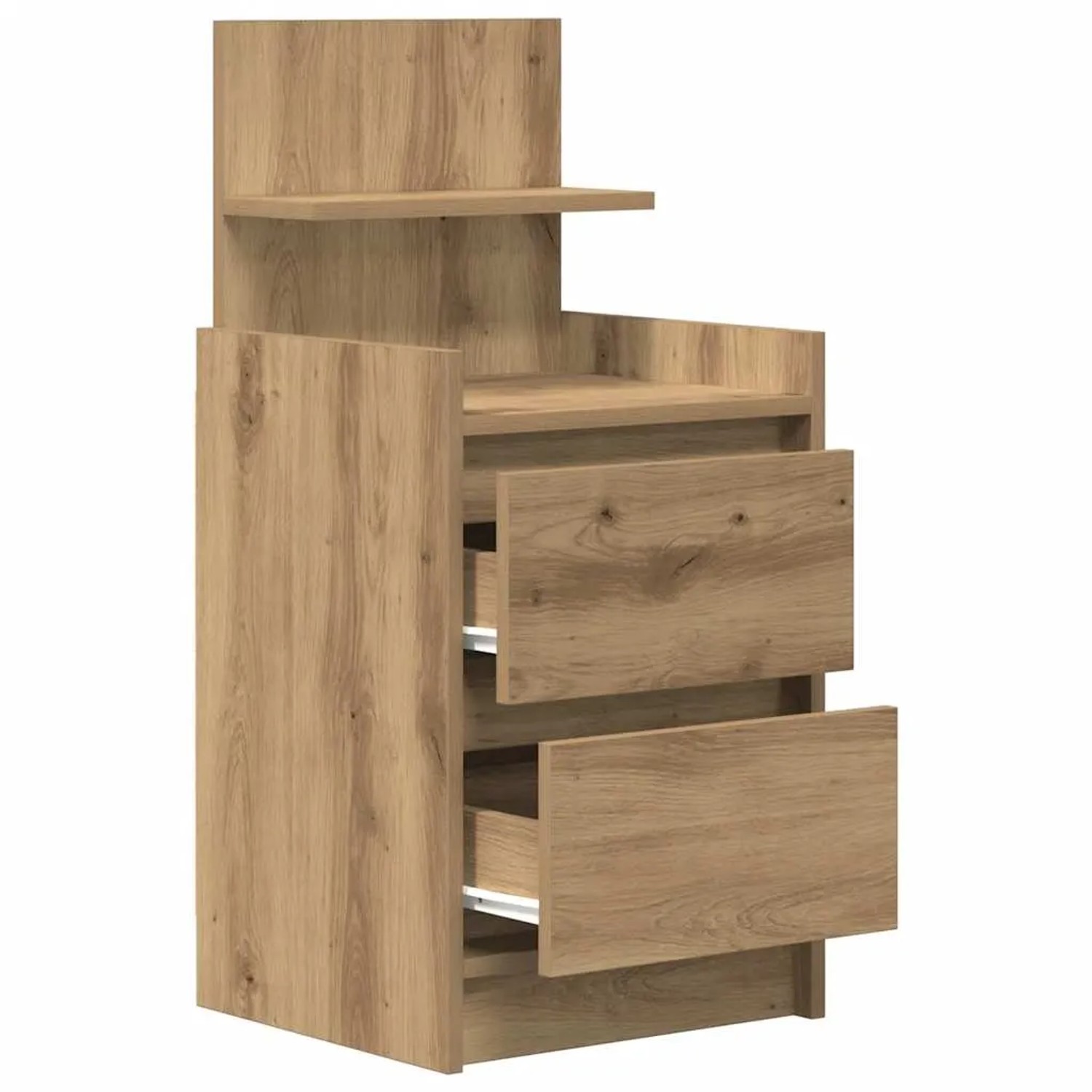 Nachttisch in Artisan-Eiche mit 2 offenen Schubladen, Ablagefach und Regal aus Holzwerkstoff.