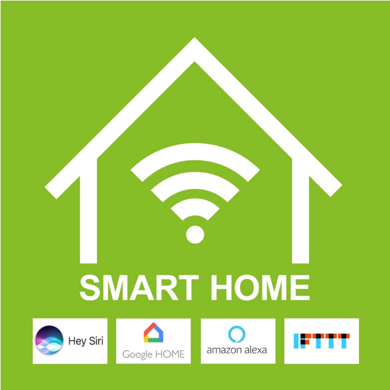 Smart Home Logo mit Haus, WLAN Symbol und Logos von Sprachassistenten auf grünem Hintergrund.