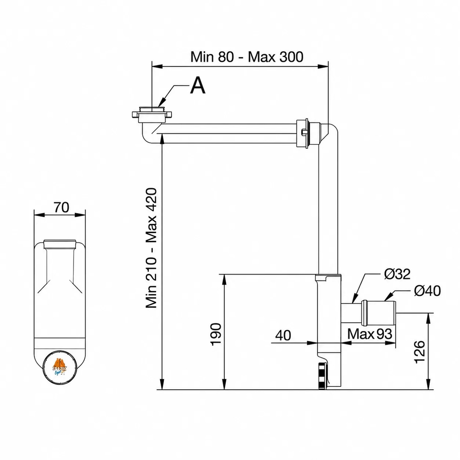 Technisches Diagramm des Lira SPA Raumsparsiphons Extra Slim mit Maßen, Reinigungsöffnung und Anschlüssen 32/40 mm.