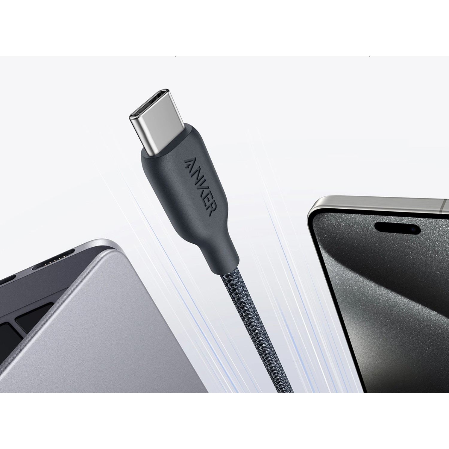 Anker USB-C Kabel 544, Bio-Nylon, 180cm, zwischen Laptop und Smartphone.