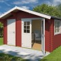 Schwedenrotes Lasita Gartenhaus Keila 28 mit zwei Räumen, Fenster und Türen.