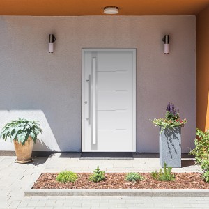 Weiße Haustür Thermospace Neapel Prime mit Edelstahlgriff und satiniertem Glas.