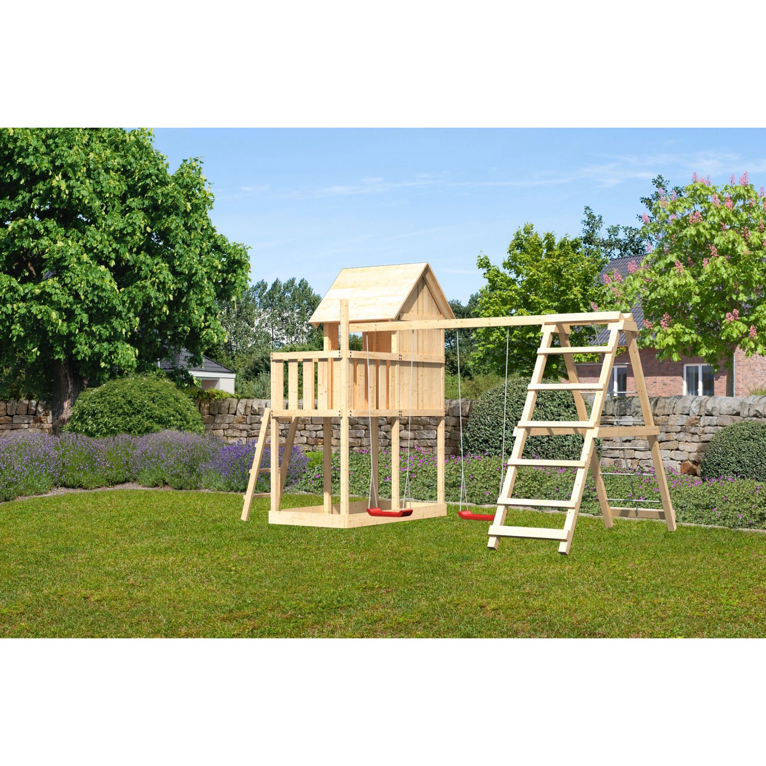 Thumbnail - Karibu Kinderspielhaus Frieda Set DS-Anbau Klettergerüst und Netzrampe