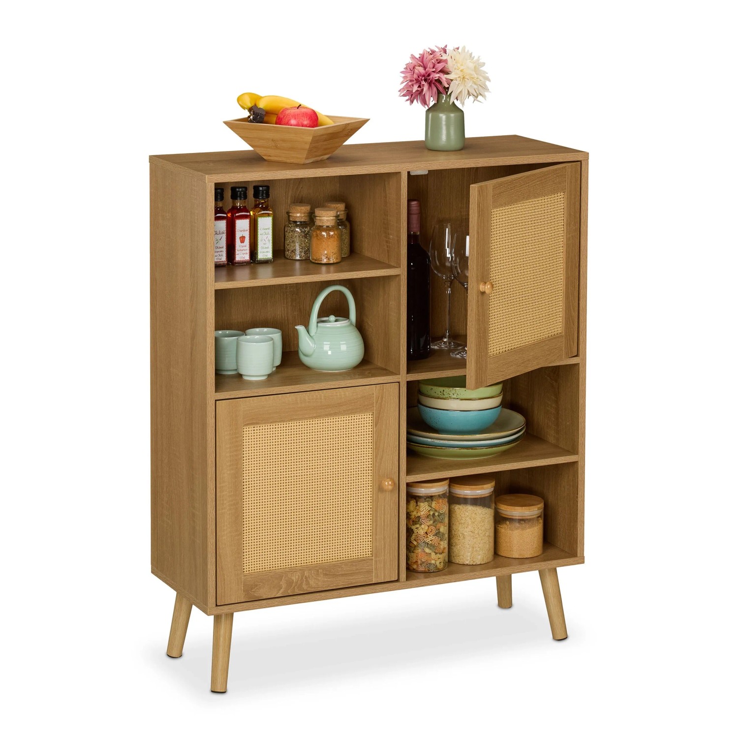 Relaxdays Sideboard Holzwerkstoff Kiefernholz Natur Mit 2 Türen Aus Rattan 97 Cm X 80 Cm X 29 Cm 18, 5 Kg