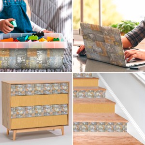 Anwendungsbeispiele der Venilia Klebefolie Gold Gebürstet auf Möbeln, Laptop, Treppe.