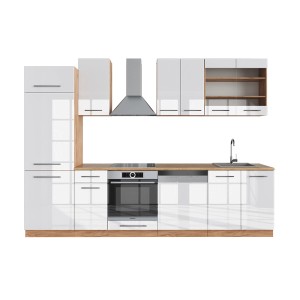 Moderne Küchenzeile in Weiß Hochglanz und Eiche Dekor, 300 cm breit.