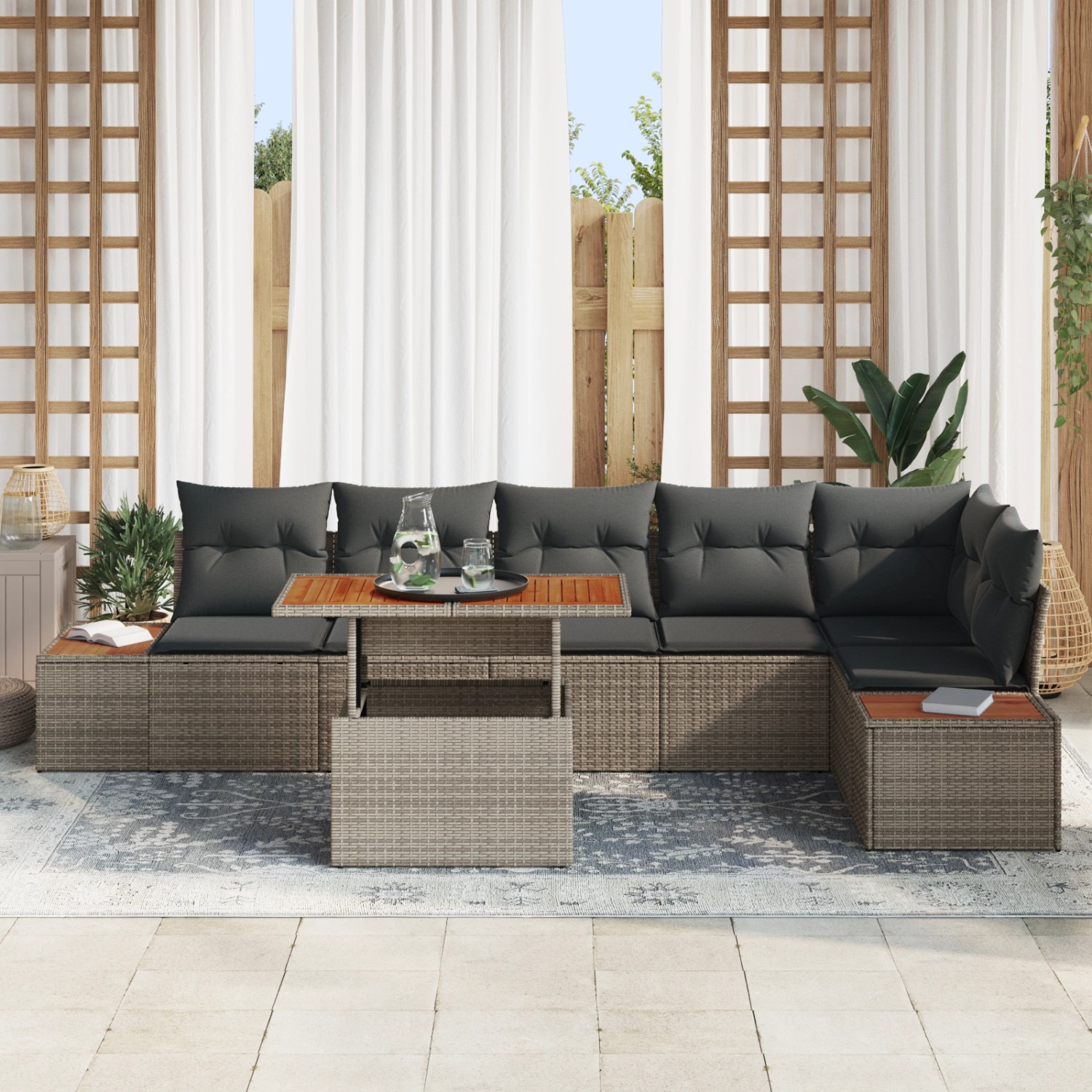 Graues 7-teiliges vidaXL Garten-Sofa-Set aus Polyrattan mit Stauraum und Tisch.