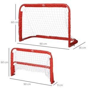Rotes HOMCOM Fußballtor-Set aus Stahl mit Tetrolon-Netz, einmal aufgebaut (90x36x60 cm) und einmal gefaltet.