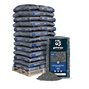 Palette Galamio Holzhackschnitzel Grau, 39 Säcke à 60l, Dekormulch für Gartenwege und Beetabdeckung.
