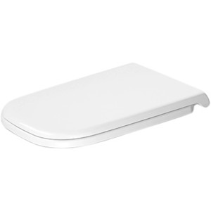 Weißer, verlängerter Duravit D-Code WC-Sitz aus Kunststoff mit Edelstahlscharnieren.