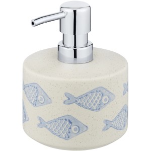 Handbemalter Wenko Seifenspender Aquamarin aus Keramik mit Fischmotiven.