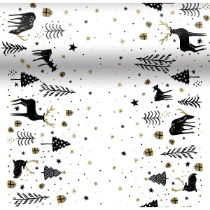 Duni Tischläufer Dunicel Magic Winter mit Wintermotiven wie Hirschen, Bäumen und Sternen.