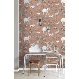 ESTAhome Vliestapete Dschungeltiere Terrakotta. Muster mit Elefanten, Zebras, Giraffen. Ideal für Kinderzimmer.