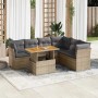 Beige 7-tlg. vidaXL Garten-Sofagarnitur aus Rattan mit Tisch und grauen Kissen.